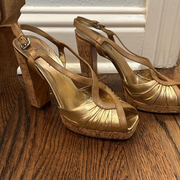 Prada Gold and Tan Peep Toe Sling Back Cork Platform Sandal - Picture 3 of 10